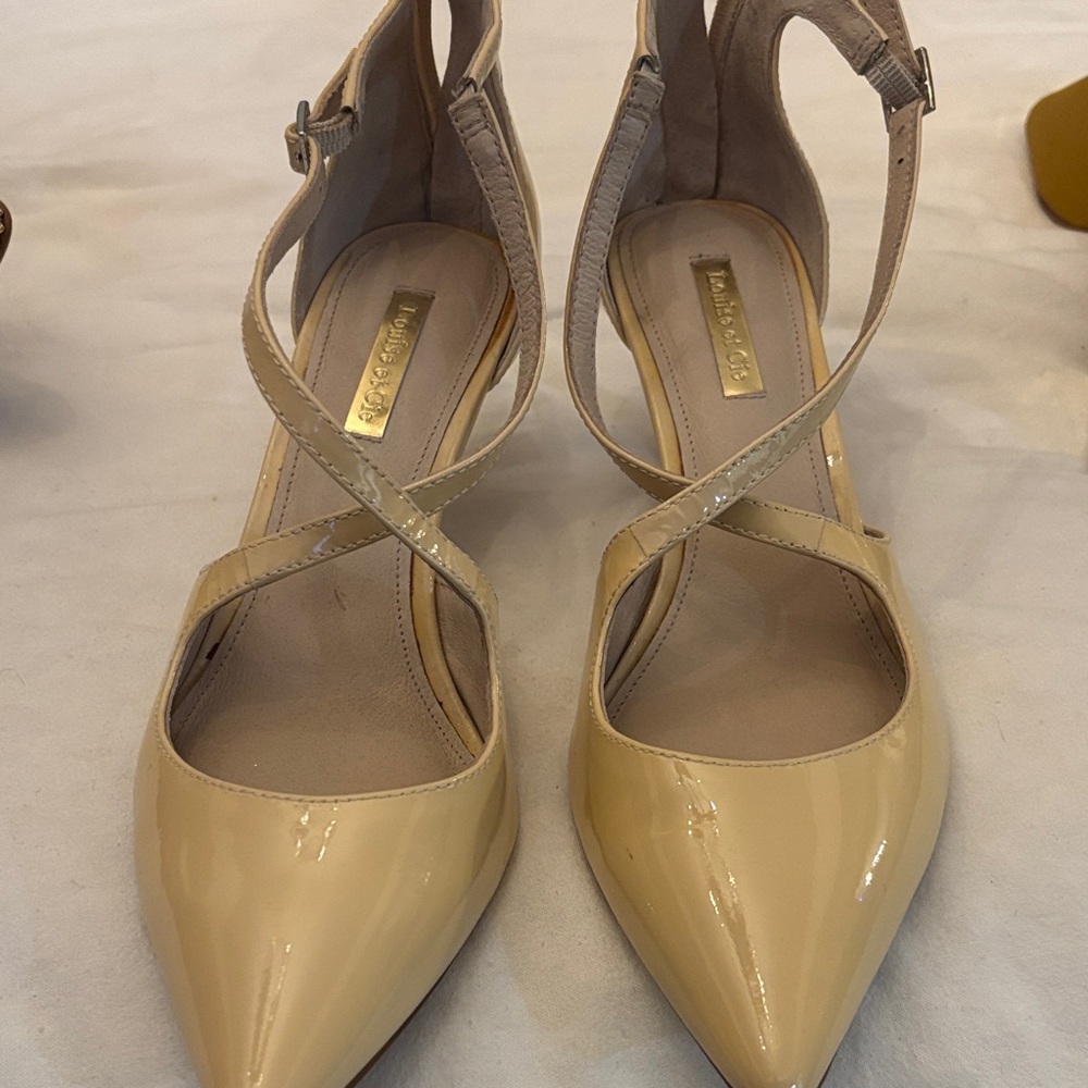 Louise Vic Cream Patent Pointed-Toe Heels